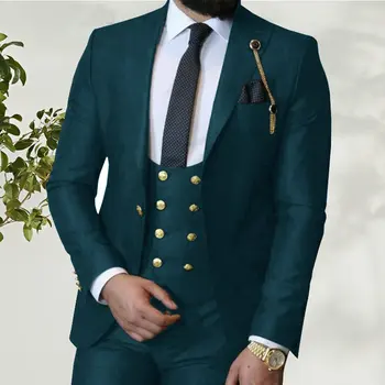 Prilagojene Olje Zelene Italijanske Poroko Tuxedos Za Moške Slim Fit Nevesta Nositi 3 Kosov Obleke, Poročna Jopič Komplet (Jakna Telovnik+Hlače)