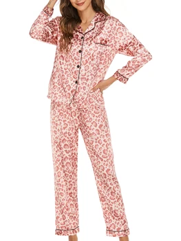 Ženske s Sleepwear Nastavite Polka Dot Star Leopard Tiskanja Gumb Navzdol Majica s pripadajočimi Dolge Hlače - 2 Kos Bivalni prostor, določen za Ženske
