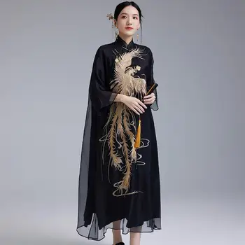 Visoka Kakovost Letnik Črno Stojalo Ovratnik Phoenix Vezenje Slim Cheongsam Obleke za Ženske Boljše Kitajski Slog Čaj Oblačila