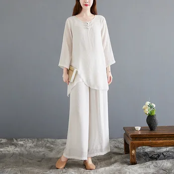 Novo Vintage Nacionalni Slog Bombaž Perilo Zen Čaj Obleko Zen Plesno Obleko z Dolgimi Rokavi Joga bo Ustrezala Kitajski Oblačila za Ženske