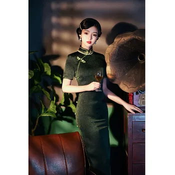 3 Barve, Vintage Saten Stoji Ovratnik Cheongsam Dolgo Ženske 2022 Jeseni Elegantno Zeleno Obleko Kitajske Tradicionalne Qipao Plus Velikost