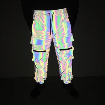 Holografski Moških Reflektivni Rave Geometrijske Pisane Hip Hop Tovora Hlače Priložnostne Tek Sweatpants Oblačila