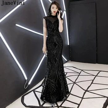 JaneVini Sijoče Sequins Luksuznih Dubaj Večerne Obleke Črne Dolge Morska Deklica Beaded Ženske Dolgo Formalnih Obleke Visoko Vratu Stranka Oblek