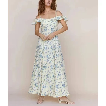 Visoka Kakovost 2023 Pomlad Poletje Ženske Modni Prairie Elegantna Cvjetnim Tiskanja Off Ramo Gube Midi Obleko za Počitnice