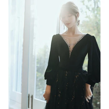 Večerno Obleko za Ženske Črna Dolg Rokav Elegantno Visoko Občutek Letno Srečanje Umetnosti Izpit Obleko
