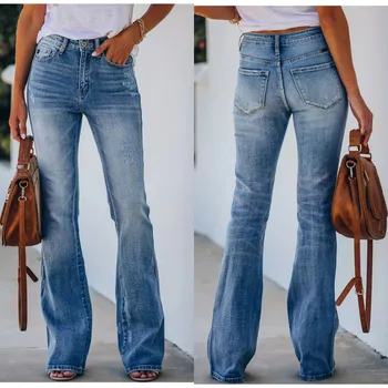 2022 Padec Nove Ženske Sredi Pasu Raztrgala Flare Jeans, Moda Visoko Stretch Denim Boot Cut Hlače Priložnostne Ženske Hlače S-2XL