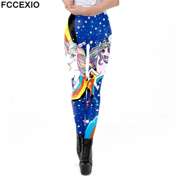 FCCEXIO 2019 Galaxy Ženske Dokolenke Kawaii Samorog Tiskanja Leggin Visoko Elastična Vaja Ženska Fitnes Legging Leggins