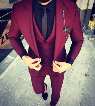 Po meri Narejene Vino Rdeče Slim Fit Poroko Mens Obleko Prom Obleke 3Pieces(Suknjič+Hlače+Telovnik) Ženina Tuxedos Moških Obleko