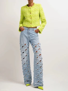 y2k pomlad in poletje oprati diamond preverite cut luknjo bombaž Jeans2023 moda vsestranski v nizko pas naravnost velike femme hlače