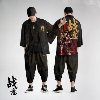 Dva Kosa Obleko Prevelik S-6XL Japonski Kimono Style Haori Hlače Komplet Moških Harajuku Ulične Samurai Jopico Kostum Yukata
