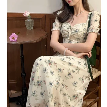 Poletni Vrt Poletje Elegantne Retro Razdrobljena Tea Break francoski Obleko Žensk Pasu Slim Dolgo Obleko