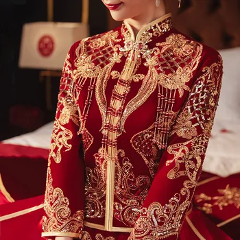 Elegantno Nevesta Sequins Beading Vezenje Tassel Cheongsam Kitajski Slog Velur Poročno Obleko Zveze Nastavite Kostum Toast Oblačila