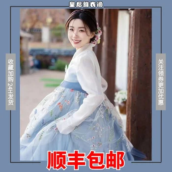 Novo Modro Razdrobljena Cvetje Princesa Yanji Etnične Slog Oblačila Staro Mestno Omrežje Rdeče Foto Potovanja Fotografija Severne Koreje
