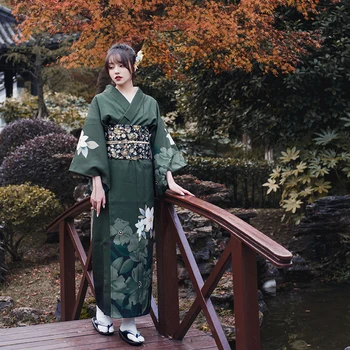 Japonska Slog Žensk Tradicionalnih Kimono Zeleno Barvo Klasičnih Yukata Vintage Plašč Fotografija Obleko Cosplay Obrabe Opravljanje Oblačila
