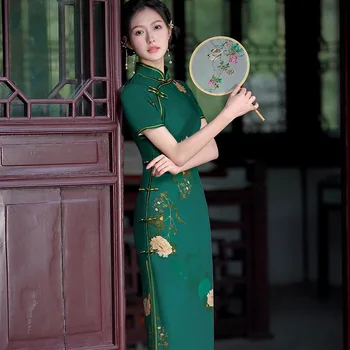 Poletje Letnik Kitajski Tradicionalni Slog Izboljšano Zelena Cheongsam Dekleta Eleganten Modni Večer Poročno Obleko Qipao za Ženske
