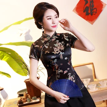 Črno Poletje Kratek Rokav Lady Priložnostne Srajco Tradicionalni Kitajski Slog Tang Top Classic Mandarin Ovratnik Bluzo Vintage Oblačila