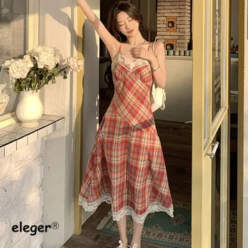 Retro Kariran Elegantno Japonski Nežen Stil Midi Sweet Obleke 2023 Novo Idilično Priložnostne Plaži Nežen Strappy Oblačila za Ženske