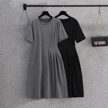 Plus Velikost Ženske obleke Poletje Naguban A-linija Obleke Vitkejši Priložnostne Pasu Retraction Dolgo Obleko Modno Oblikovanje Ženskih Oblačil