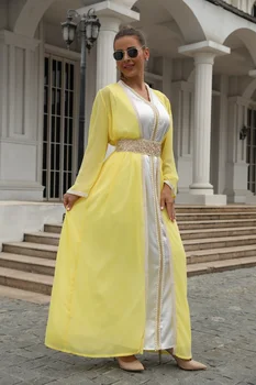 2022 novo mslalb ženske dolge rumene 2-kos obleka s pasom pearl dekoracijo