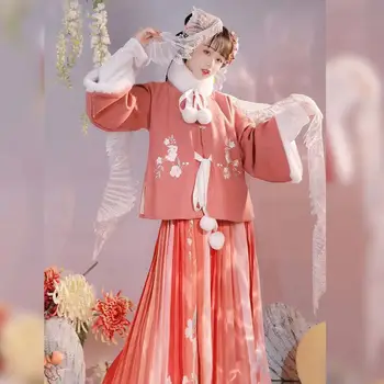 2 Barvi Ming Dinastija Pol Rokav 4Pc Hanfu Obleka Komplet Kitajski Slog Dekleta, Ženske, Zgostitev Pozimi Novo Leto Bombaž-oblazinjeni Jakno