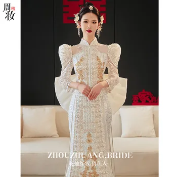 Retro Kitajski Dolgo Prikrojevanja Poročno Obleko, Belo Vezenje Cheongsam Letnik Ženske Orientalski Sequins Beading Qipao