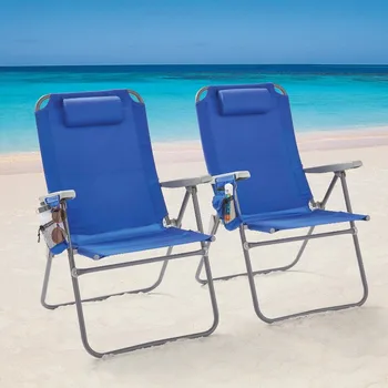 2-Pack Stebrov Pokončen 4-Položaj Oversize Plaži Stol, Modra zložljiv stol