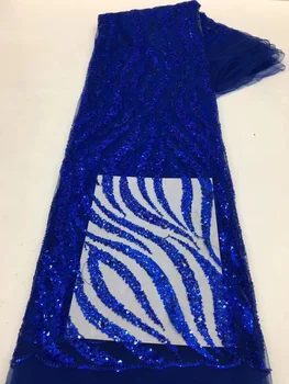 Royal Modra Francoski Čipke Tkanine 5 Metrov Poroko Nigerija Beaded Čipke Tkanine Vezenje Z Zaporedjem Za Ženske Stranke Obleke