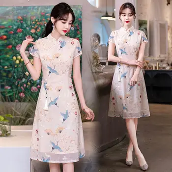 Vintage Kitajske Tradicionalne Ženske obleke Qipao Poletje Pomlad Kratek Rokav Tiskanja Žerjav Cheongsam S 5XL