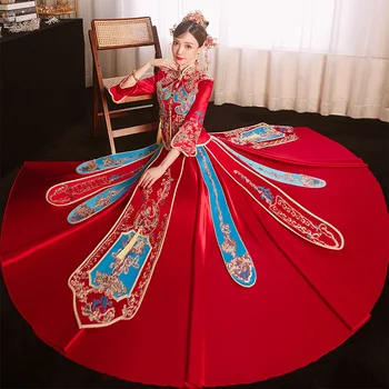 Luksuzni Seuqins Beaded Vezenje Aplicirano Poročno Obleko Elegantno Poroko Toast Oblačila, Večerne Obleke Cheongsam