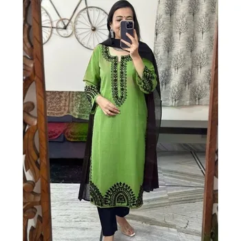 Stranka Nositi Salwar Kameez Ženske Indijski Ročno Kurti Palazzo Dupatta Klasična Zelena Črna