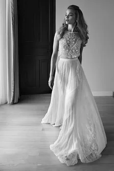vestido de noiva casamento beading backless haljo de mariee mariage čipke Dva kosa backless Poročno Obleko 2019 Poročne Obleke