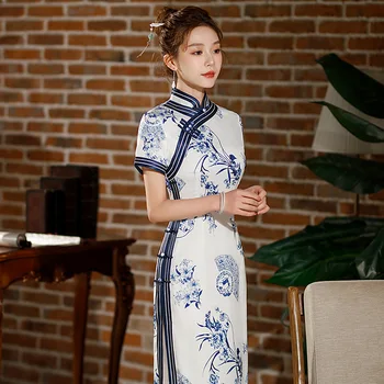 Yourqipao Poletje Dolgo Belo Cheongsam Natisnjeni Moda Elegantno Qipao Kitajski Tradicionalni Slog Zvečer Poročno Obleko za Ženske