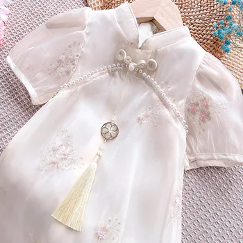 Deklice kratka sleeved obleko poletje za otroke Kitajski slog mehurček rokav princesa obleko stranke obleke
