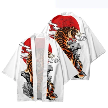 Harajuku Japonski Samuraj Haljo Oblačila Kitajski Slog Tiger Tiskanja Kimono Ulične Moški Ženske Jopico Yukata 2022 Poletje Haori