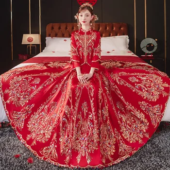 Vintage Orientalski Sequins Vezenje Okrasnih Gem Kitajski Tradicionalni Poročni Cheongsam, Nevesta, Ženin Qipao Obleko