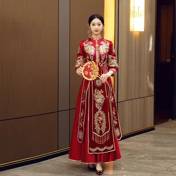 Lepe Phoenix Vezenje Mandarin Ovratnik Zveze Cheongsam Kitajski Slog Nevesta Saten Sequins Beading Poročno Obleko