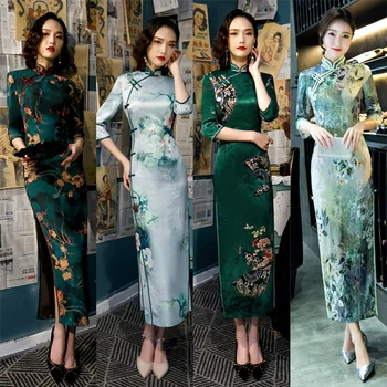 Jeseni Long Double-layer Zelena Cheongsam Stand-up Ovratnik Kitajski Vintage Stil Izboljšano Qipao Haljo Večer Stranka Obleko za Ženske