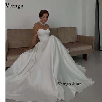 Verngo Preproste Linije Saten Svila Poročne Obleke Draga Biseri Trakov Zamah Vlak Poročne Halje Haljo de mariage Vestidos