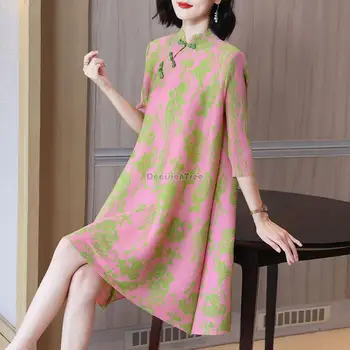 2023 kitajski retro izboljšano stojalo ovratnik pol rokav svoboden cheongsam obleko poletje ženske elegantne cvet tiskanja qipao obleko s473