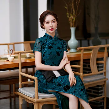 Seksi Mandarin Ovratnik Ženiljska Zgrinjati Qipao Kratek Rokav Obleka Tradicionalnih Kitajskih Žensk Visoko Split Dolgo Cheongsam