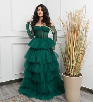 Seksi Off Ramenski Večerne Obleke z Rokavi Plus Velikost Dolžina Tal Smaragdno Ruffles Stopenjski Formalno Obleko za Ženske vestidos