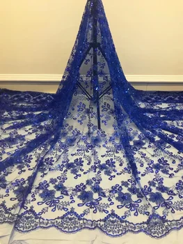 Royal Modra Nigerijski Neto Čipke Tkanine Z Bleščicami Vezenje Poročne Čipke Tkanine Za Večerno Obleko Šivanje