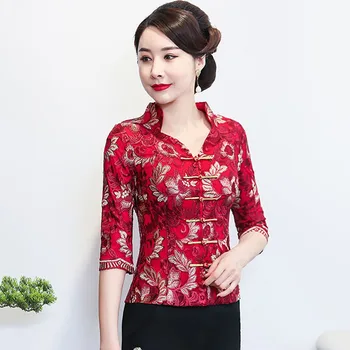 Cheongsam Ženske Plus Velikost Vrhovi 2023 Poletje Očesa Mešanica Vezenje Tradicionalni Kitajski Slog Rdeče Tang Kostum Qipao Srajce Ženska