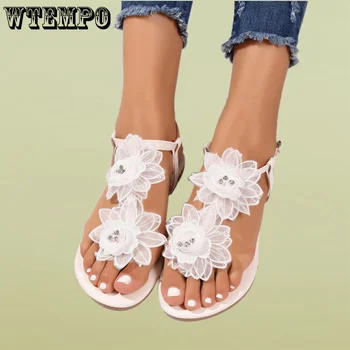 WTEMPO Plus Velikost Posnetka-toe Sandali Ženske Poletne Sandale, ki Modne Rože Udobno Stanovanje Sponke Čevlji na Debelo Dropshipping