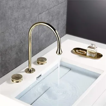 Luxury gold brass kopalnica korito pipo, z dvema ročajema tri luknje bazena pipo zlati hladno vroče mešalnik pipo vrh kakovosti pipa