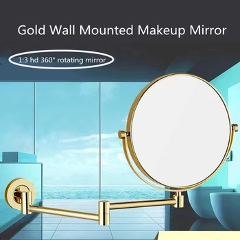 Ličila Ogledalo Medenina Zlato/Chrome 3 x Povečevalno Kopalnica Ogledal, Zložljiva Britje 8 Cm Stenske 360 Vrtenje Okrogle Ogledala