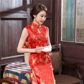 Elegantno Rdeče Poročno Obleko Tradicionalnih Kitajskih Žensk Saten Brez Rokavov Cheongsam Letnik Dolge Obleke, Seksi Slim Qipao Vestidos