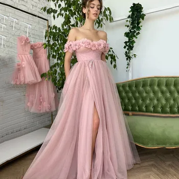 Msikoods Roza 3D Cvet Til A-Line Prom Obleke Off Ramo Visoko Režejo Družico Večerne Formalno Stranko Obleke