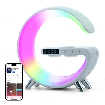 LED Nočna Lučka RGB Vzdušje Desk Lučka Večnamenski Brezžični Polnilnik Budilka Zvočnik APP Nadzor za iPhone, Samsung