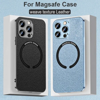 Za Polnilec Magsafe Primeru za iPhone 14 Pro Max PU Usnje Electroplated Mehko Primeru z Shockproof Odbijača Okvir za iPhome14 Plus